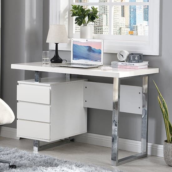 Sydney High Gloss Computer Desk With 3 Drawers In White Furniture in