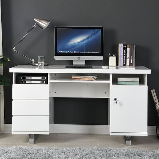 Sydney High Gloss Computer Desk In White With 3 Drawers Furniture in