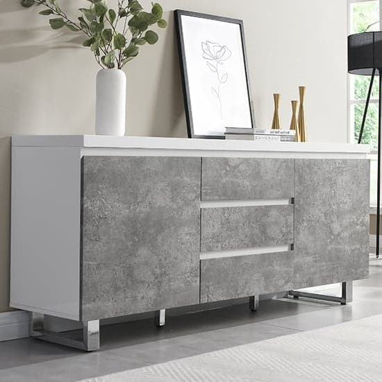 Sydney Large High Gloss Sideboard In White And Concrete Effect_1