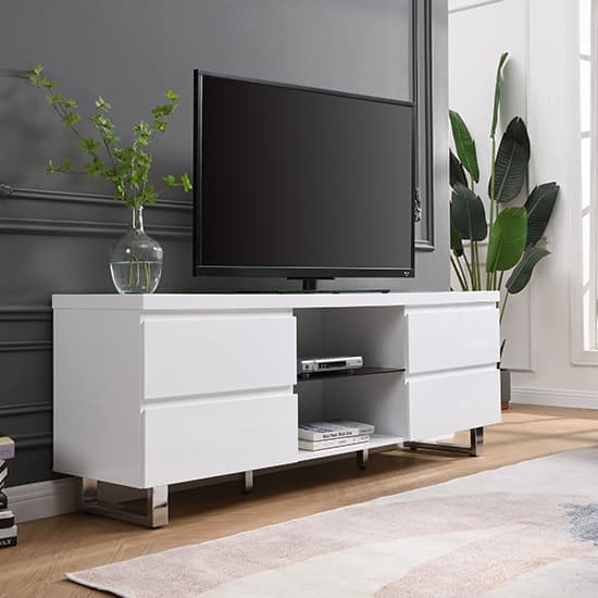 Sydney High Gloss TV Stand In White With 4 Drawers_2