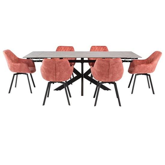 Sylvie Extending Grey Marble Dining Table 6 Viha Pink Chairs_1
