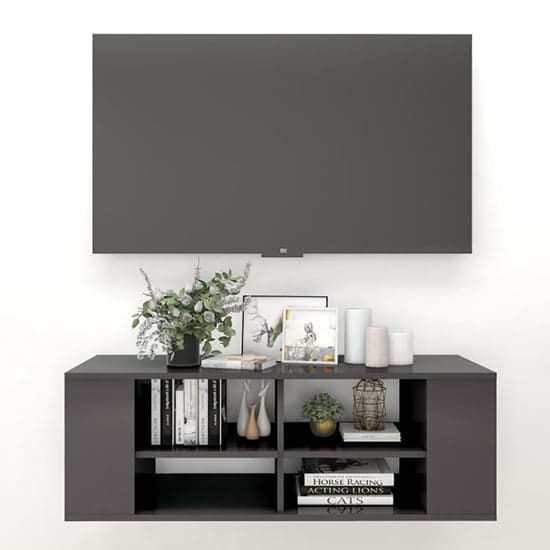 Taisa High Gloss Wall Hung TV Stand With Shelves In Grey