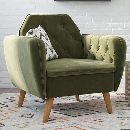 Taluka Memory Foam Velvet Armchair With Wooden Legs In Green_1
