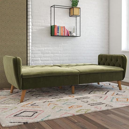 Taluka Memory Foam Velvet Sofa Bed With Wooden Legs In Green_3