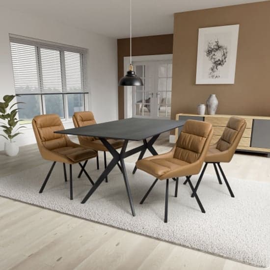 Tarsus 1.6m Black Dining Table With 4 Addis Tan Chairs_1