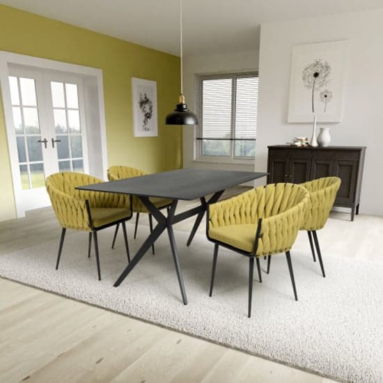 Tarsus 1.6m Black Dining Table With 4 Pearl Yellow Chairs_1