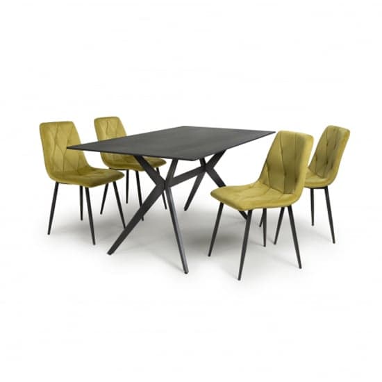 Tarsus 1.6m Black Dining Table With 4 Vestal Yellow Chairs_2
