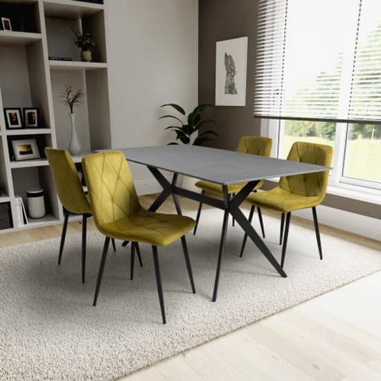 Tarsus 1.6m Black Dining Table With 4 Vestal Yellow Chairs_1