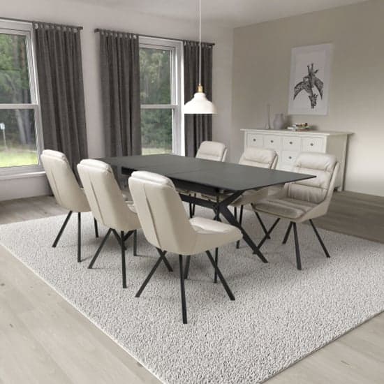 Tarsus Extending Black Dining Table With 6 Addis Cream Chairs_1