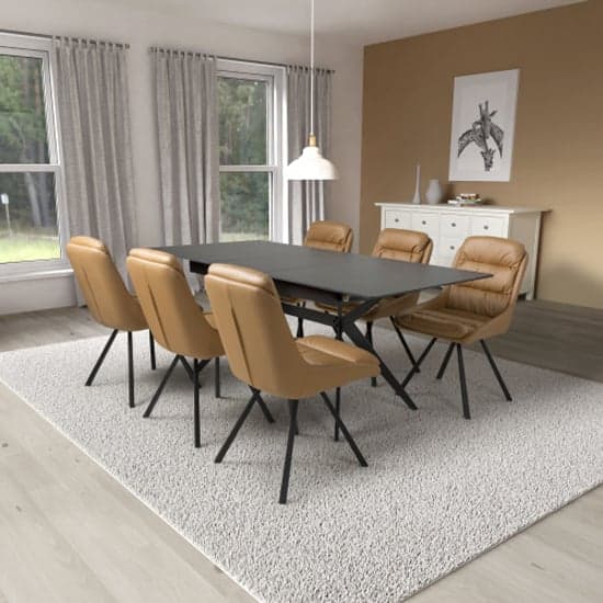 Tarsus Extending Black Dining Table With 6 Addis Tan Chairs_1