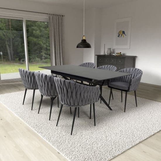 Tarsus Extending Black Dining Table With 6 Pearl Grey Chairs_1