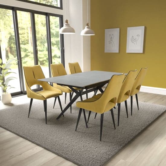 Tarsus Extending Grey Dining Table With 6 Lorain Yellow Chairs_1