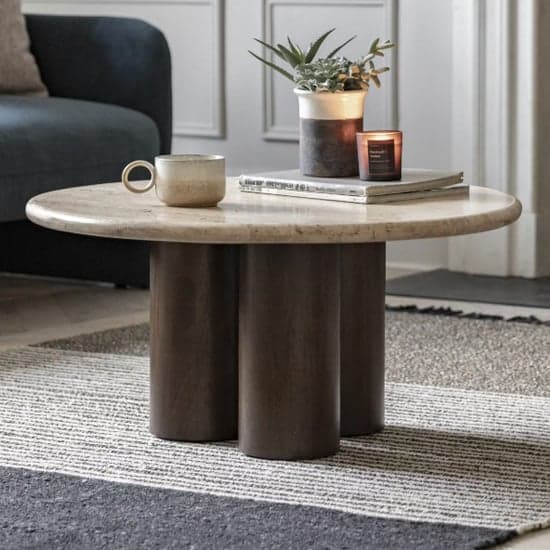 Tartu Marble Coffee Table In Travertine With Dark Wood Base_1