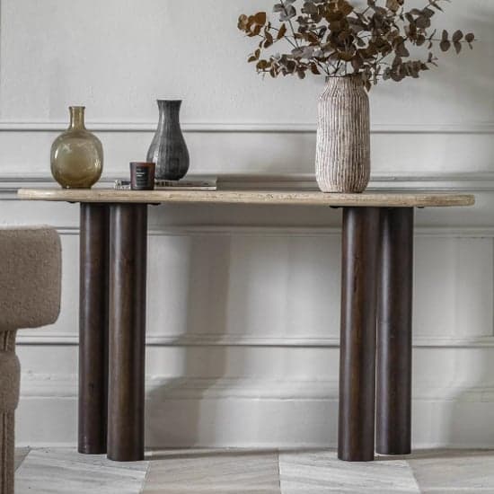 Tartu Marble Console Table In Travertine With Dark Wood Base_1