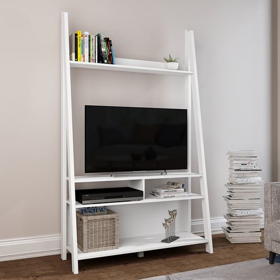 Travis Wooden Ladder TV Stand With 3 Shelves In White Furniture in