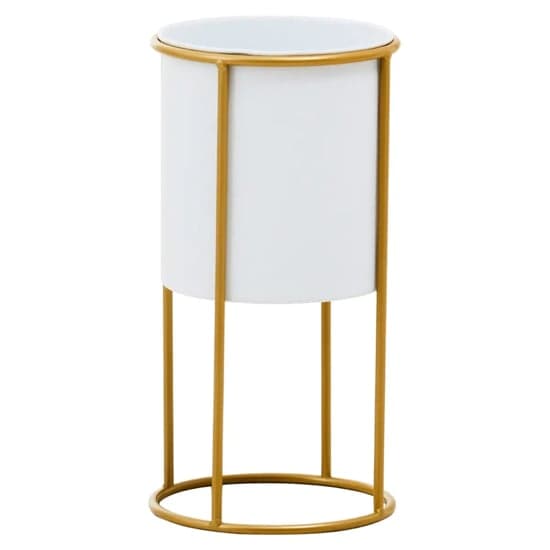 Tavira Small Metal Floor Standing Planter In White And Gold_2