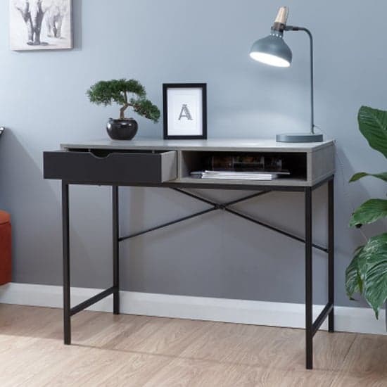 Thrupp Wooden Computer Desk In Concrete And Black Drawer_2
