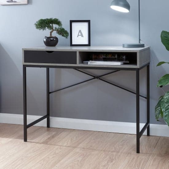 Thrupp Wooden Computer Desk In Concrete And Black Drawer_1