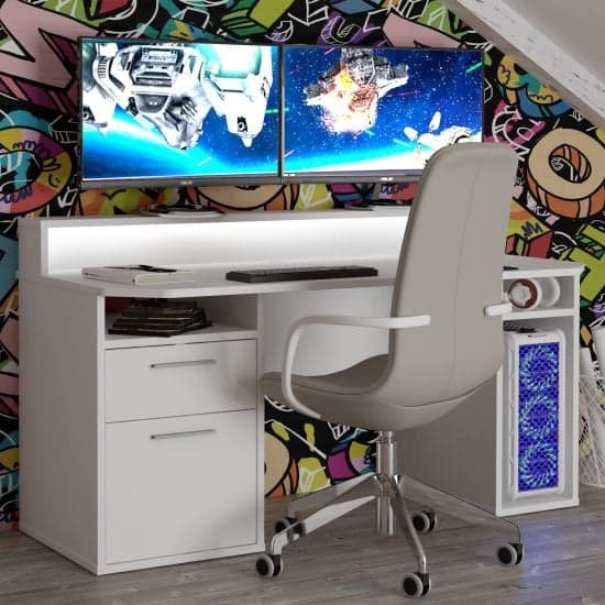 Terni Wooden Gaming Desk 1 Door 1 Drawer In White With Blue LED_1