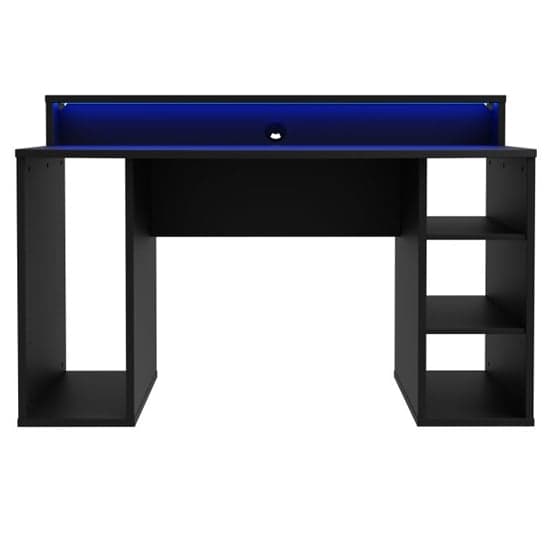 Terni Wooden Gaming Desk 2 Shelves In Matt Black With Blue LED_3