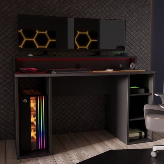 Terni Wooden Gaming Desk 2 Shelves In Matt Black With Blue LED_1