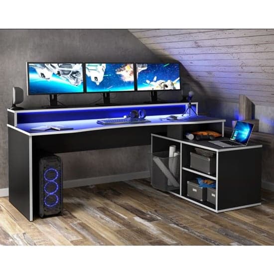 Terni Wooden Gaming Desk Corner In Black With White Trim And LED_1