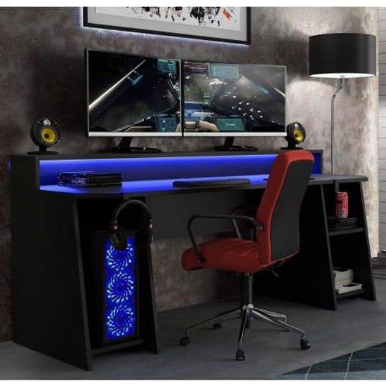 Terni Wooden Gaming Desk In Matt Black With Blue LED_1