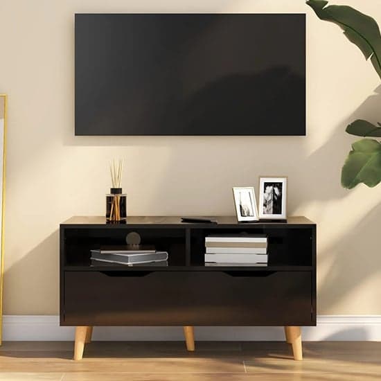 Tevy High Gloss TV Stand With 1 Drawer 2 Shelves In Black