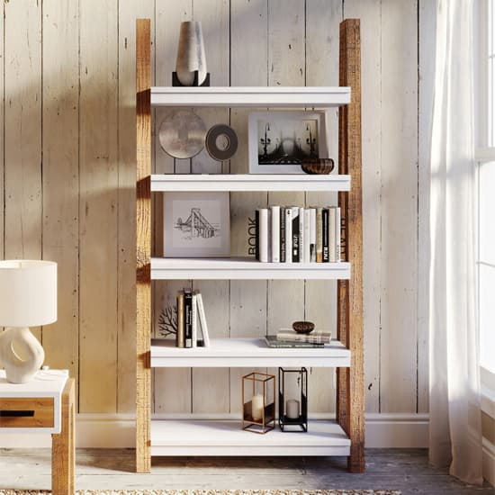 Timmins Wooden Bookcase Open Large 5 Shelves In White And Oak_1