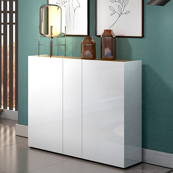 Tivoli Gloss Shoe Cabinet Wide 3 Doors In White Artisan Oak Top_1
