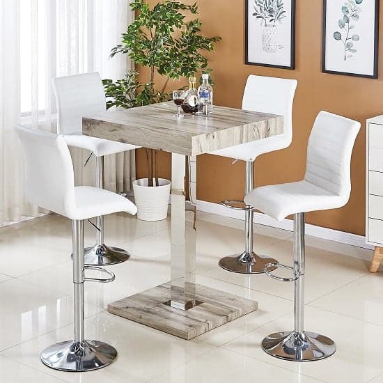Topaz Grey Oak Effect Bar Table With 4 Ripple White Stools_1