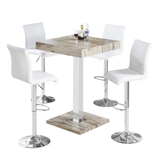 Topaz Grey Oak Effect Bar Table With 4 Ripple White Stools_2