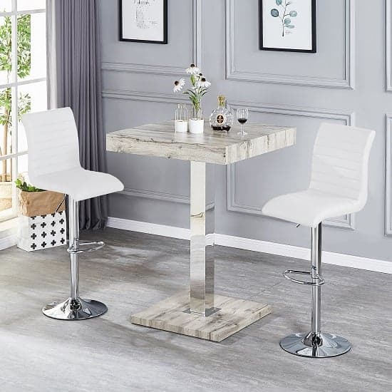 Topaz Grey Oak Effect Bar Table With 2 Ripple White Stools_1