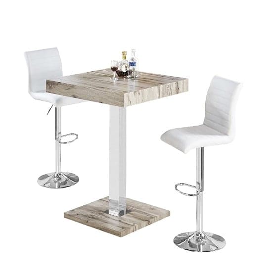Topaz Grey Oak Effect Bar Table With 2 Ripple White Stools_2