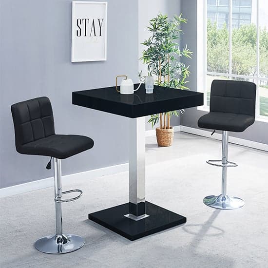 Topaz Glass Black Gloss Bar Table With 2 Coco Black Stools_1