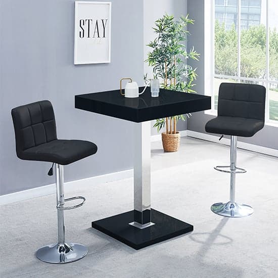 Topaz Glass Black Gloss Bar Table With 2 Coco Black Stools Furniture