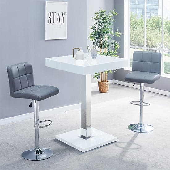 Topaz White High Gloss Bar Table With 2 Coco Grey Stools_1