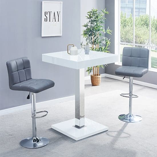 Topaz White High Gloss Bar Table With 2 Coco Grey Stools Furniture in
