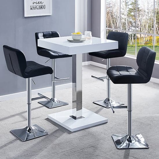 Topaz White High Gloss Bar Table With 4 Candid Black Stools_1