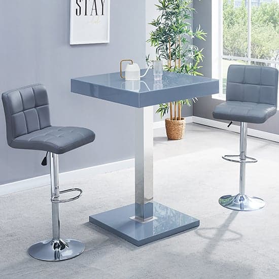 Topaz Glass Grey Gloss Bar Table With 2 Coco Grey Stools_1