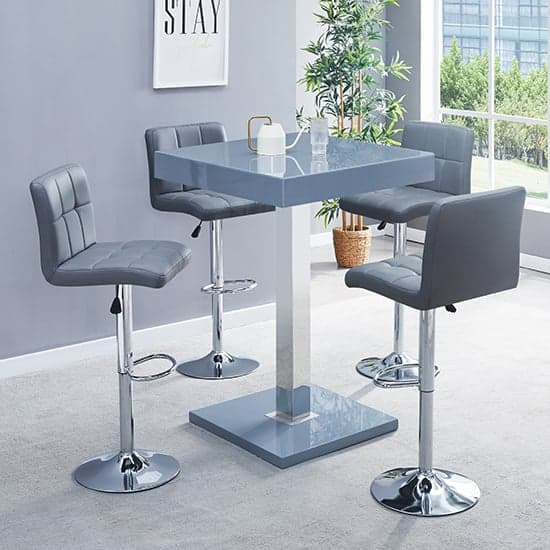 Topaz Glass Grey Gloss Bar Table With 4 Coco Grey Stools_1
