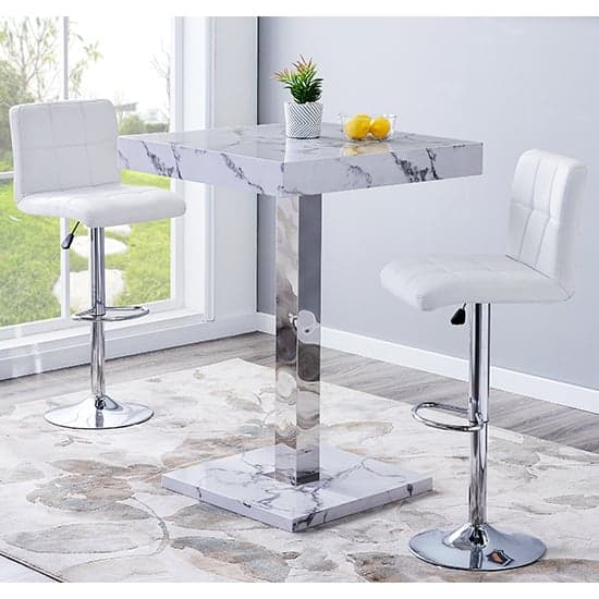 Topaz Diva Marble Effect Gloss Bar Table 2 Coco White Stools