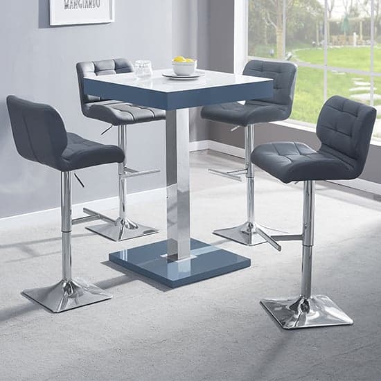 Topaz Glass White Grey Bar Table With 4 Candid Grey Stools_1