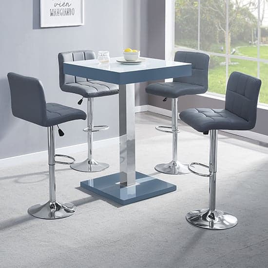 Topaz Glass White Grey Bar Table With 4 Coco Grey Stools_1