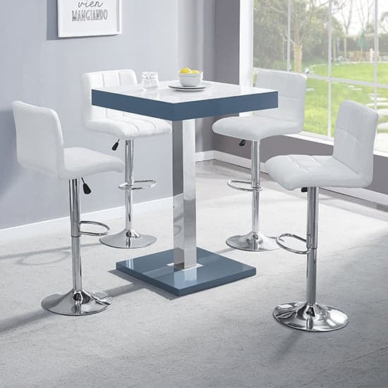 Topaz Glass White Grey Bar Table With 4 Coco White Stools_1