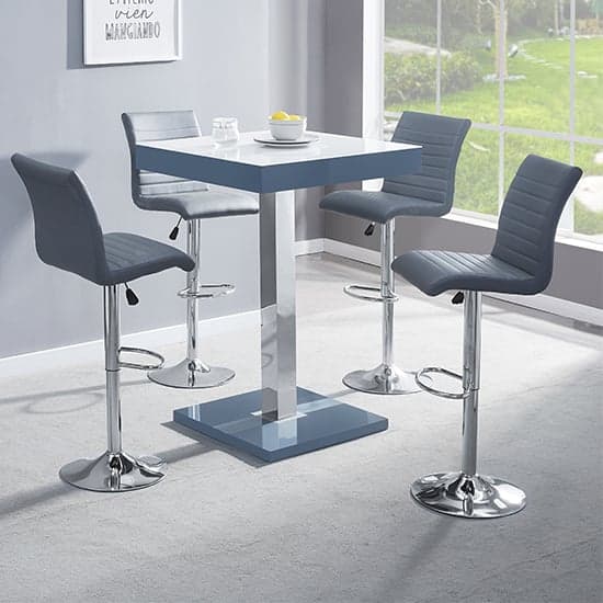 Topaz Glass White Grey Bar Table With 4 Ripple Grey Stools_1