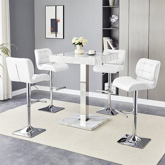 Topaz Magnesia Effect High Gloss Bar Table 4 Candid White Stools_1