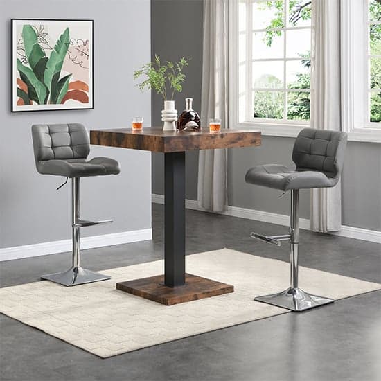 Topaz Rustic Oak Wooden Bar Table With 2 Candid Grey Stools_1