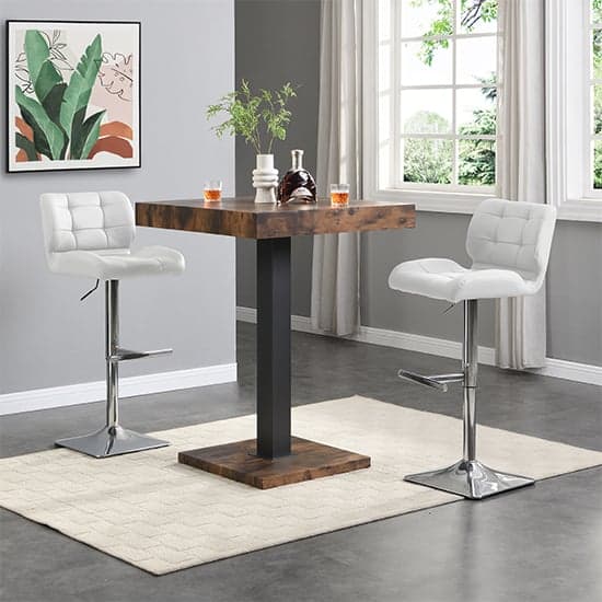 Topaz Rustic Oak Wooden Bar Table With 2 Candid White Stools_1
