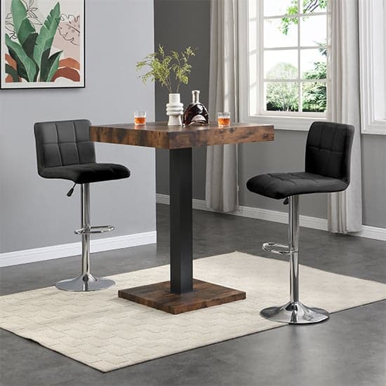 Topaz Rustic Oak Wooden Bar Table With 2 Coco Black Stools_1